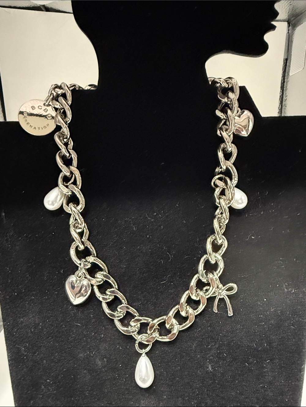 BCBG Silver Tone Charm Necklace with Heart, Bow & Pearl Drops
